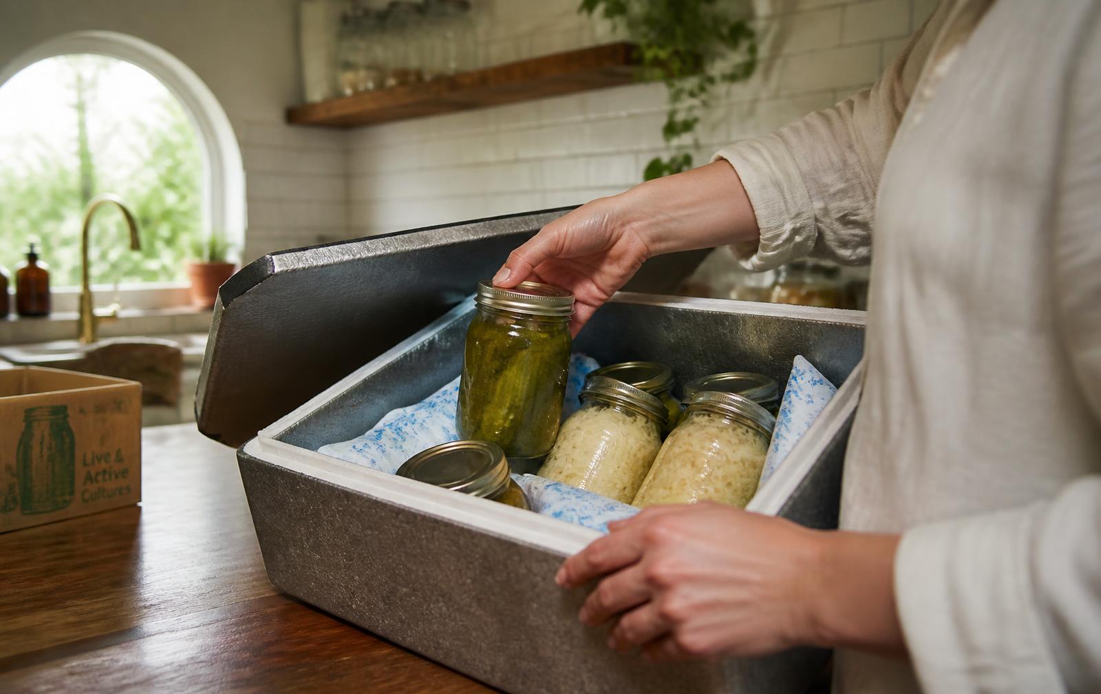 Jars of pickles and kraut being packed into a chilled delivery box
