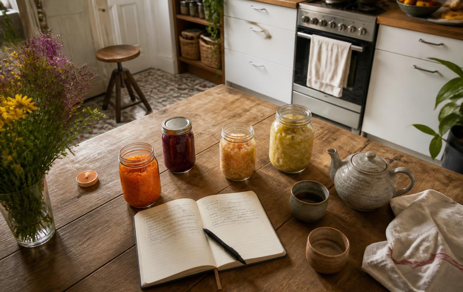 A warm kitchen table with jars of fermented vegetables, a teapot and cups