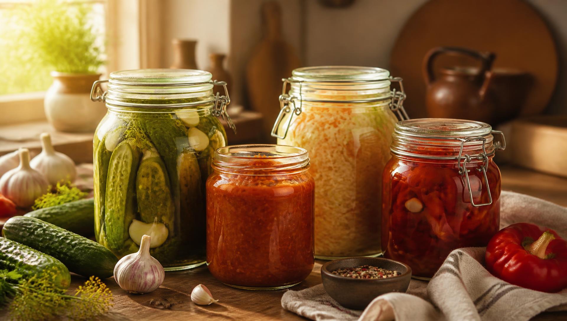 Jars of naturally fermented pickles, kraut and pepper paste on a sunlit kitchen counter