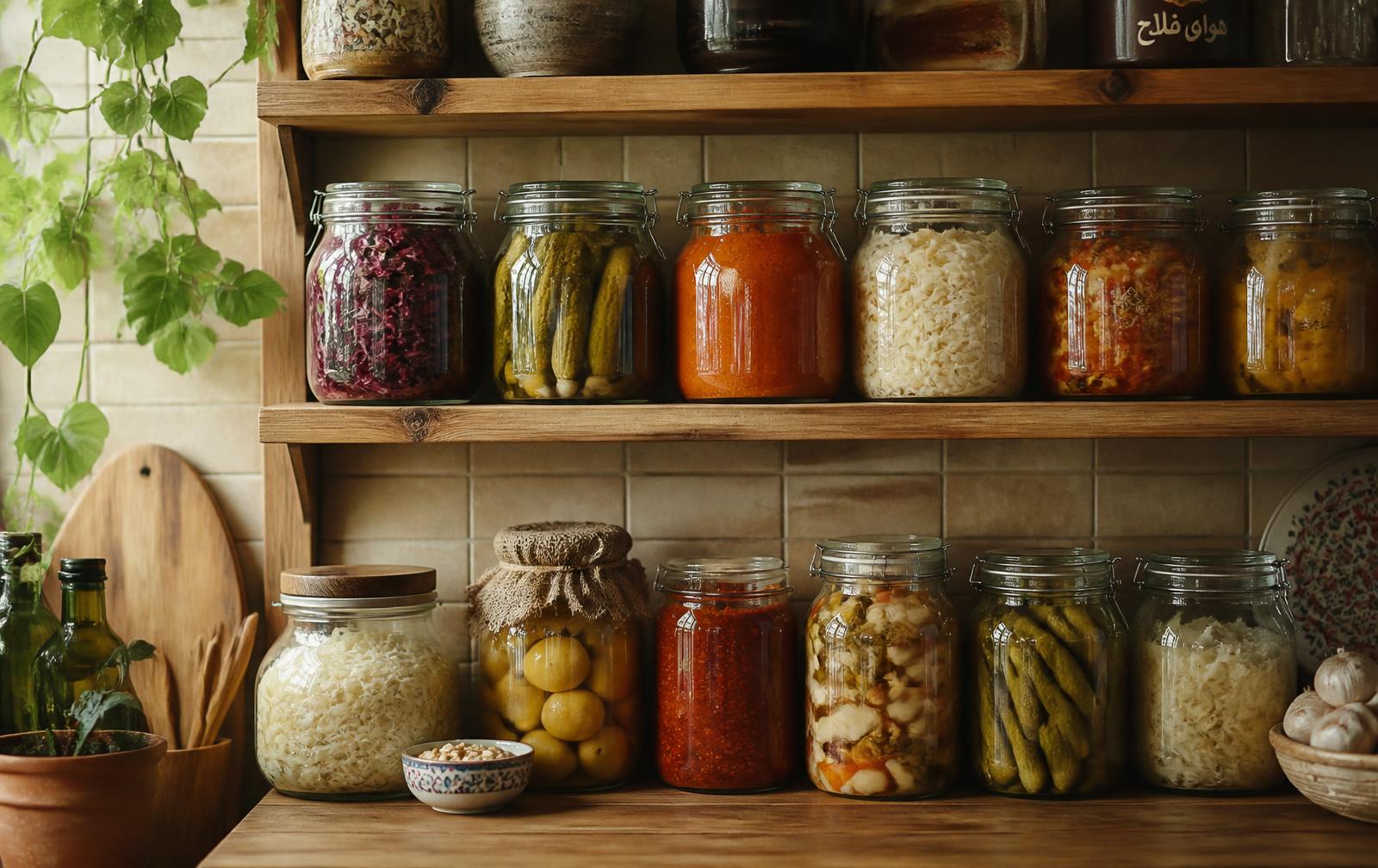 Pantry shelves lined with jars of pickles, kraut and pepper paste