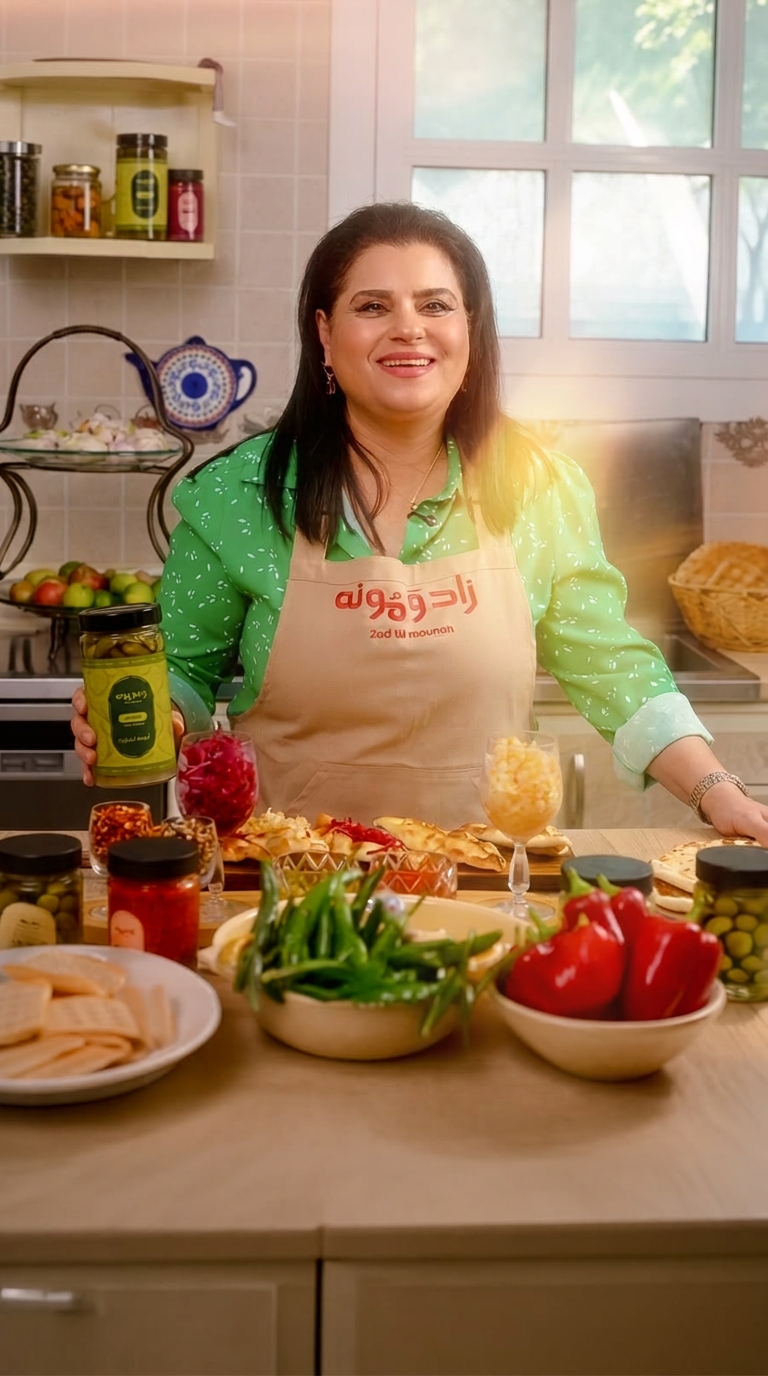 Mama Sana in her kitchen holding a jar of Zad w Mouneh pickles, surrounded by fresh vegetables and preserves
